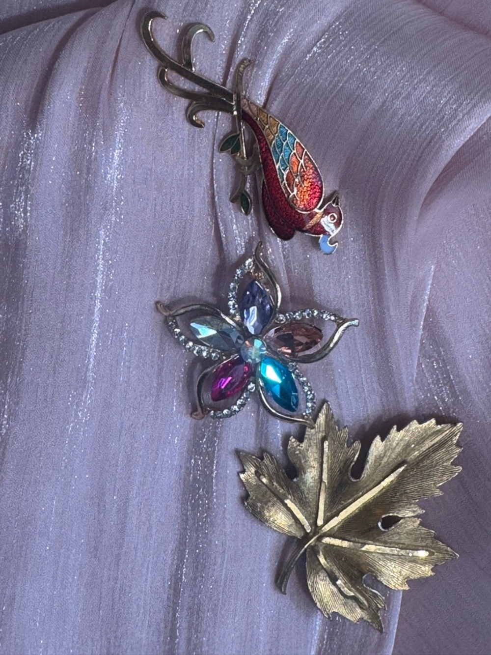 Multicolor Enamel Bird & Crystal Flower Brooch Set